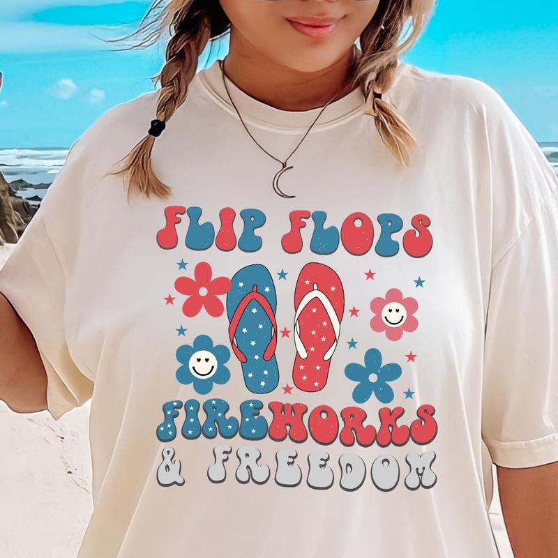 4TH OF JULY SHIRT, FLIP FLOPS AND FIREWORKS, JULY 4TH SHIRT UNISEX COTTON SHIRT, OVERSIZED HOLIDAY SUMMER SHIRT Comfort Fabric Top Womenswear