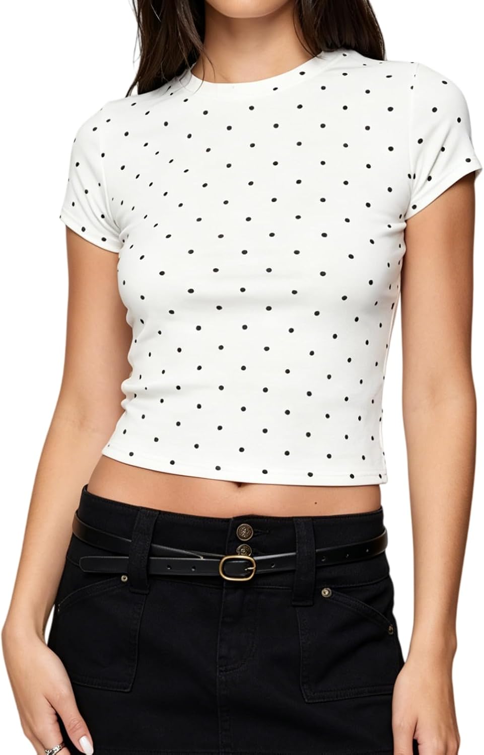 Y2k Baby Tees for Women Short Sleeve Polka Dot Shirt Tops Slim Fit Vintage Aesthetic T Shirt Girls Streetwear