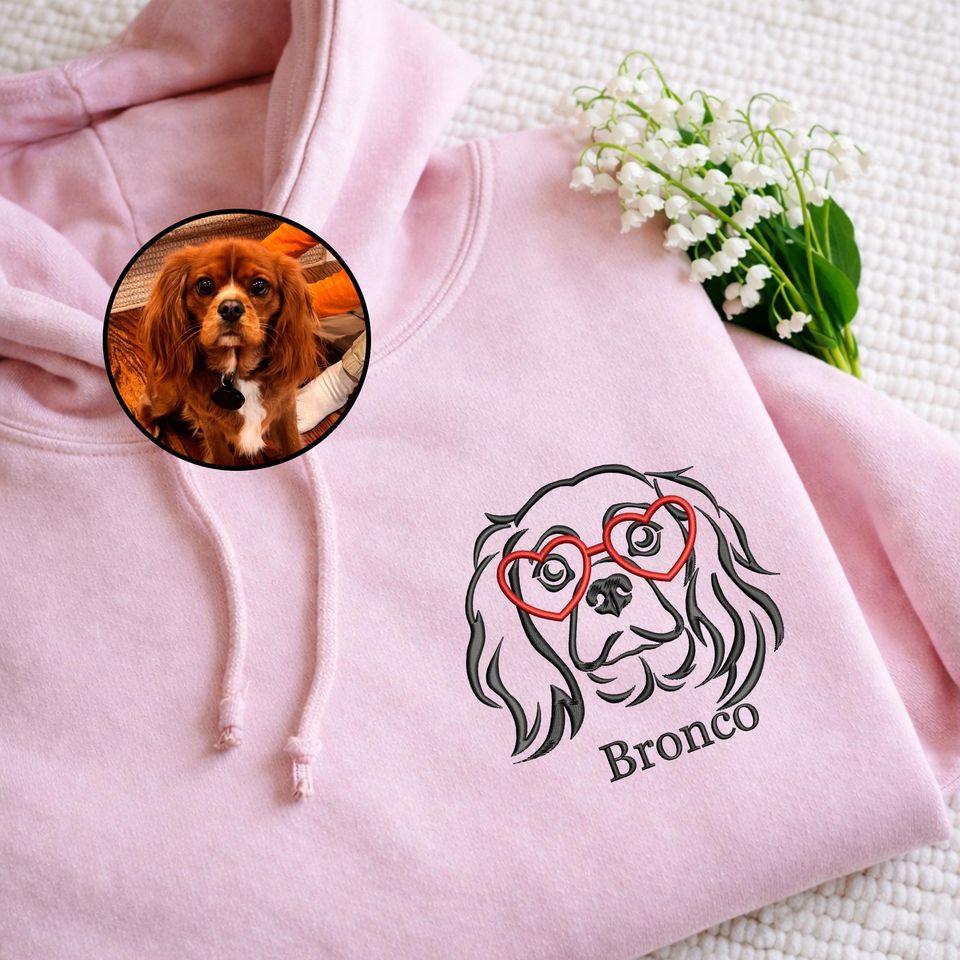 Valentine Dog Portrait Embroidered Hoodie - Custom Puppy Love Hoodies with Photo - Personalized Heart Glasses Dog Pullover