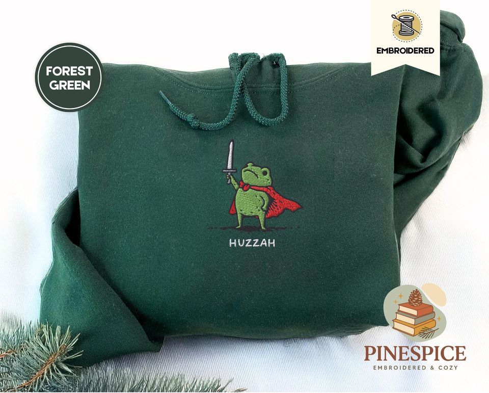 Huzzah Knight Frog Hoodie, Funny DnD Embroidered Sweatshirt, Gildan 18500