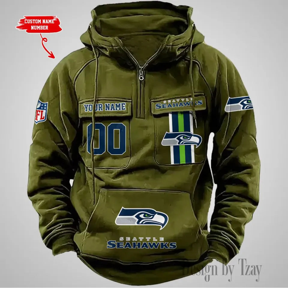 Seattle Seahawk Vintage Men Hoodies With Custom Name & Number