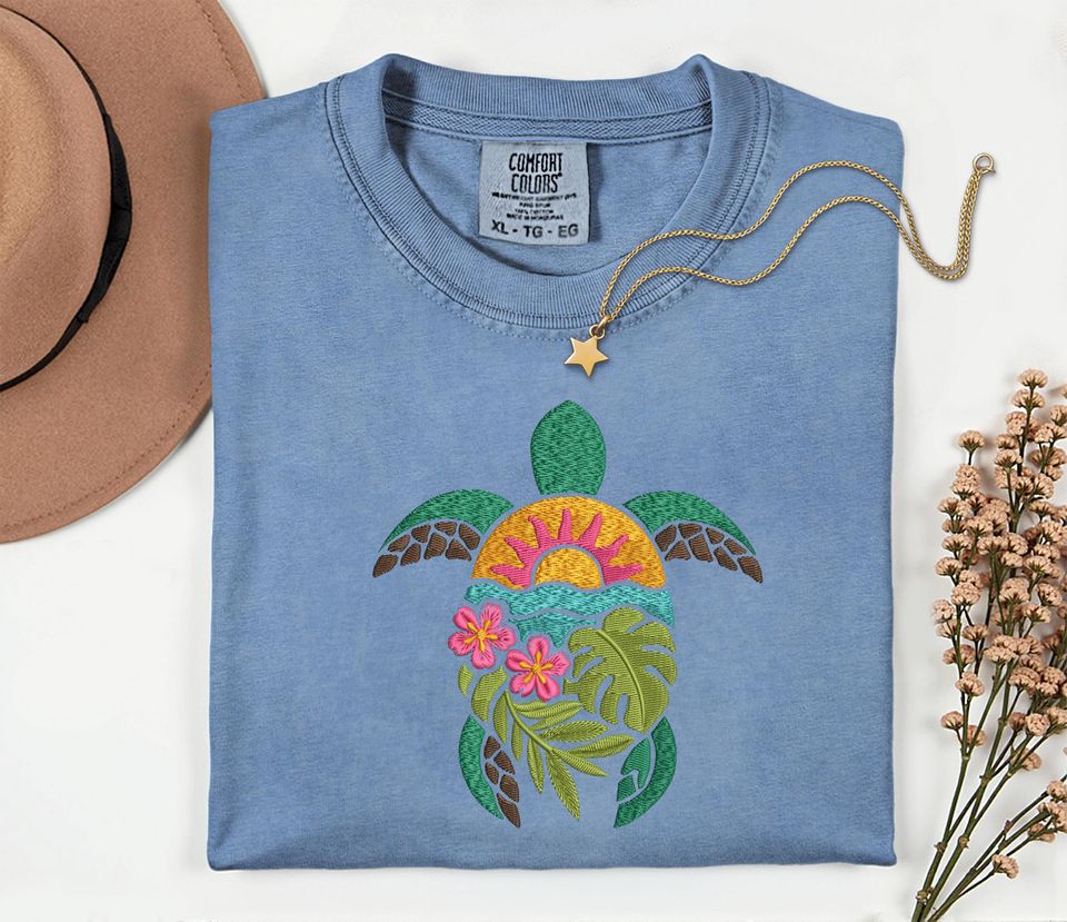 Floral Sea Turtle Embroidered T-Shirt - Summer Beach Vibes for Turtle Lovers
