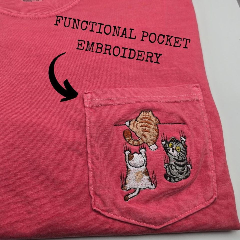 Embroidered Cat Pocket T-Shirt with Hanging Cats, Funny Gift for Cat Lovers