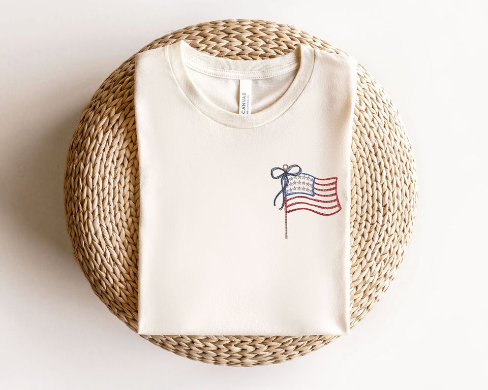Embroidered USA Flag T-Shirt, Patriotic 4th of July & Independence Day