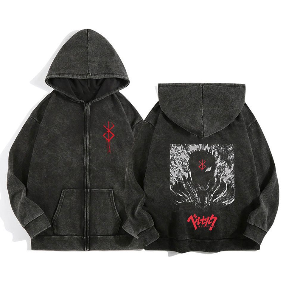 Anime Berserkk Wash Zip Up Hoodie Harajuku Retro Gothic Graphic