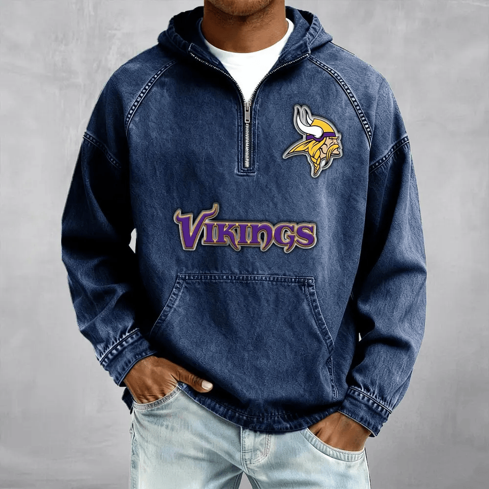 Minnesota Vikings Men's Denim Long - Sleeve Half-Zip Denim Hoodies