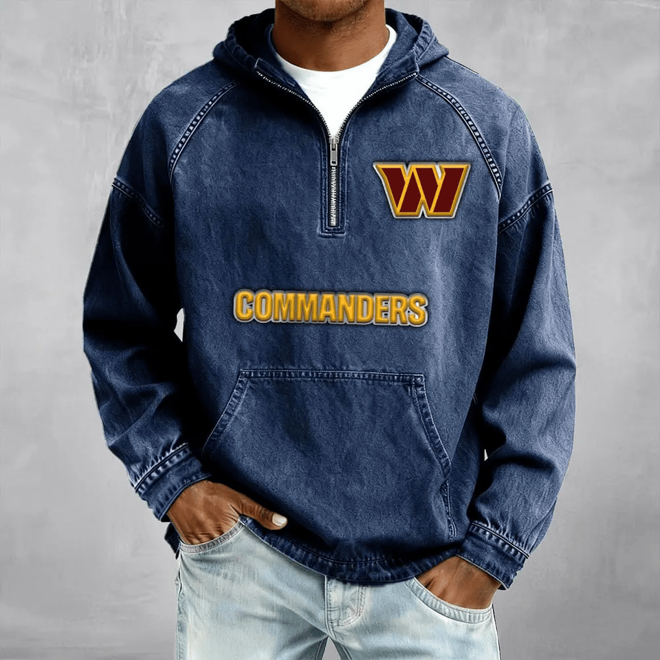 Washington Commanders Men's Denim Long - Sleeve Half-Zip Denim Hoodies