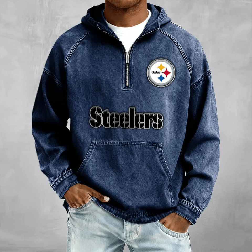 Pittsburgh Steeler Men's Denim Long - Sleeve Half-Zip Denim Hoodies