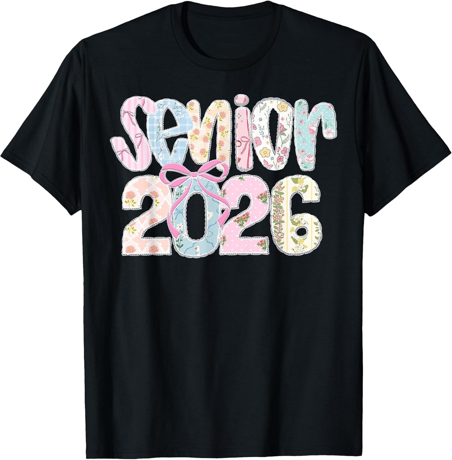 Senior 2026 Pastel Floral Patchwork Letters with lace Bow T-Shirt