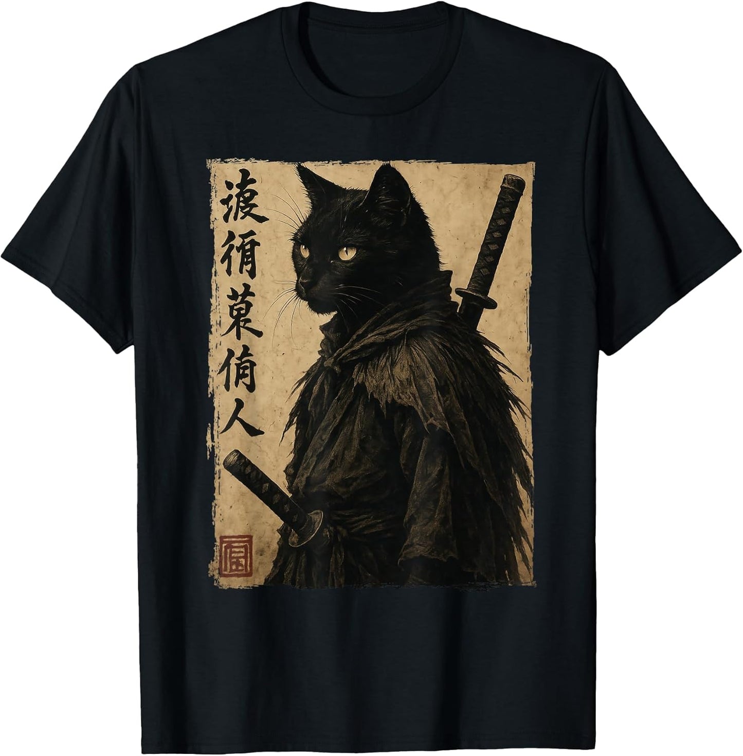 Funny Samurai Cat Shirts Japanese Ninja Cat Ink Style Anime T-Shirt