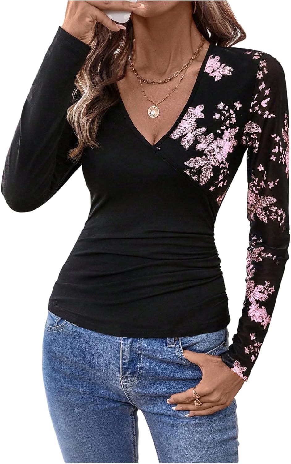 Women's Deep V Neck T Shirts Long Sleeve Slim Going Out Tops Aesthetic Clothes