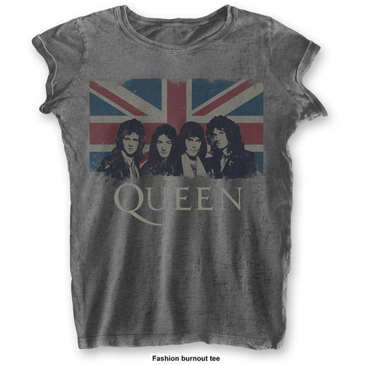 Queen Ladies Slim Fit T-Shirt: Vintage Union Jack (Burnout)