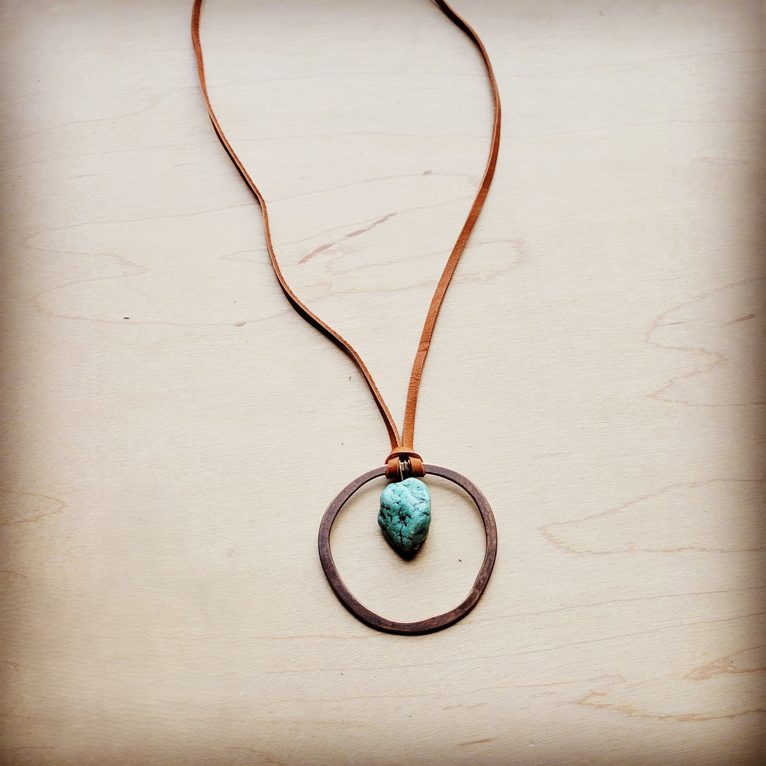 Leather Cord Necklace Antique Gold Hoop & Natural Turquoise  254v