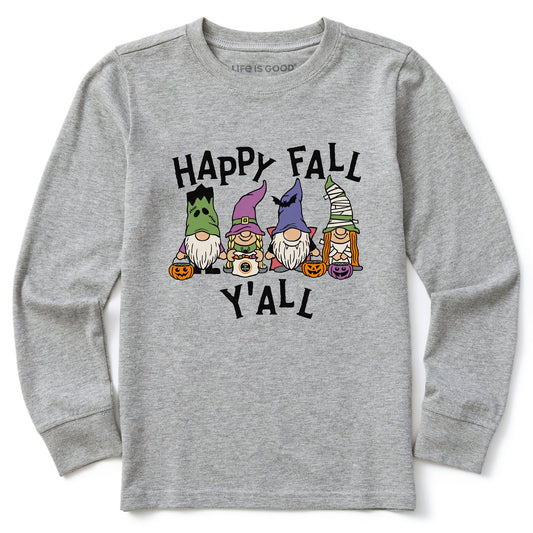 Kids Happy Fall Y'All Halloween Gnomes Long Sleeve Crusher Tee