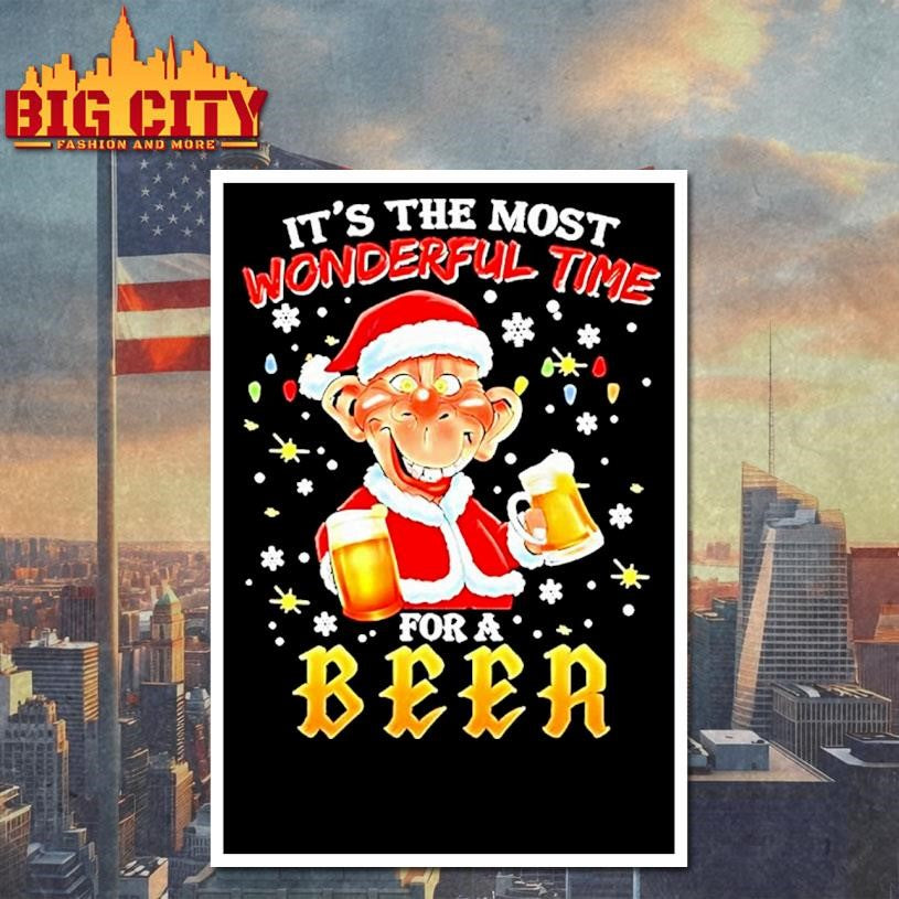 A Man Holding A Glass Of Two Beer Santa Suit Its The Most Wonderful Time For A Beer Shirt