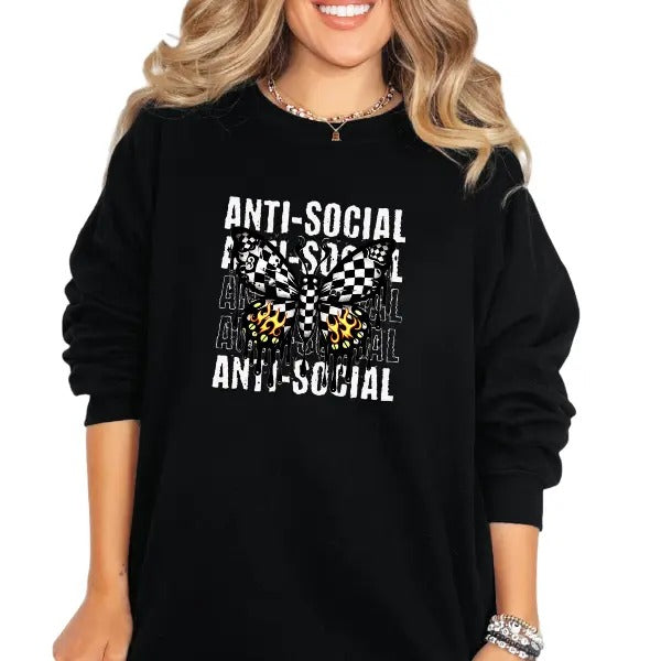 "Antisocial Butterfly" Crewneck Sweatshirt, T Shirt, or Hoodie Aesthetic Pullover | Punk Rocker Style | Alt Style, Unisex Fit, Grunge, Goth, Retro