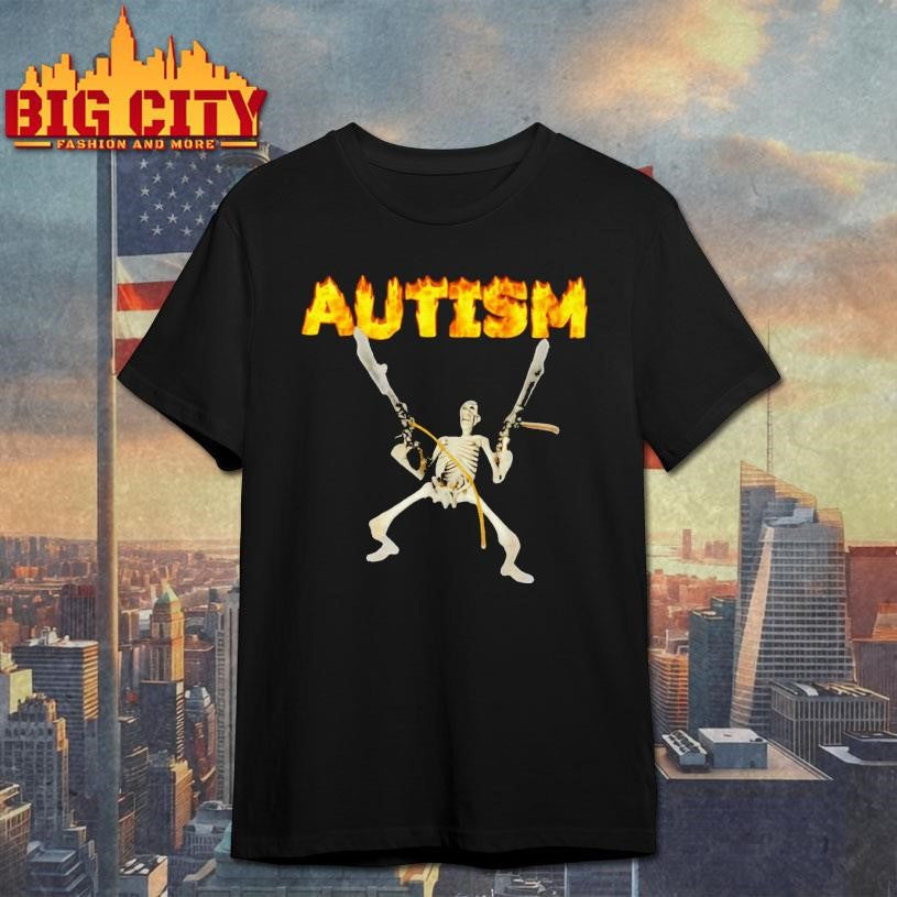 Autism Skeleton Funny Skull Holding Guns Dank Meme Shirt
