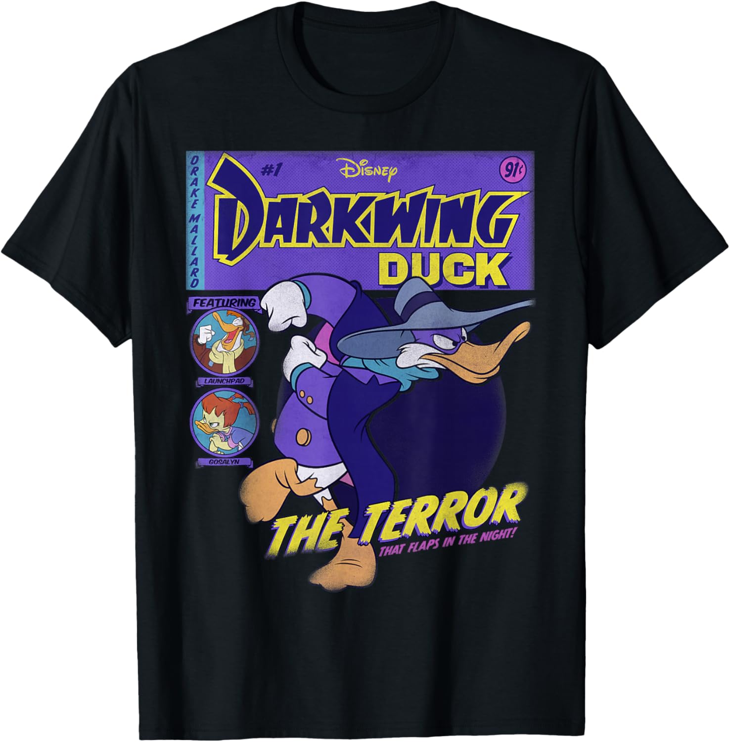 Darkwing Duck Black T-Shirt: Classic Fit, Crew Neck, Adult, Short Sleeve