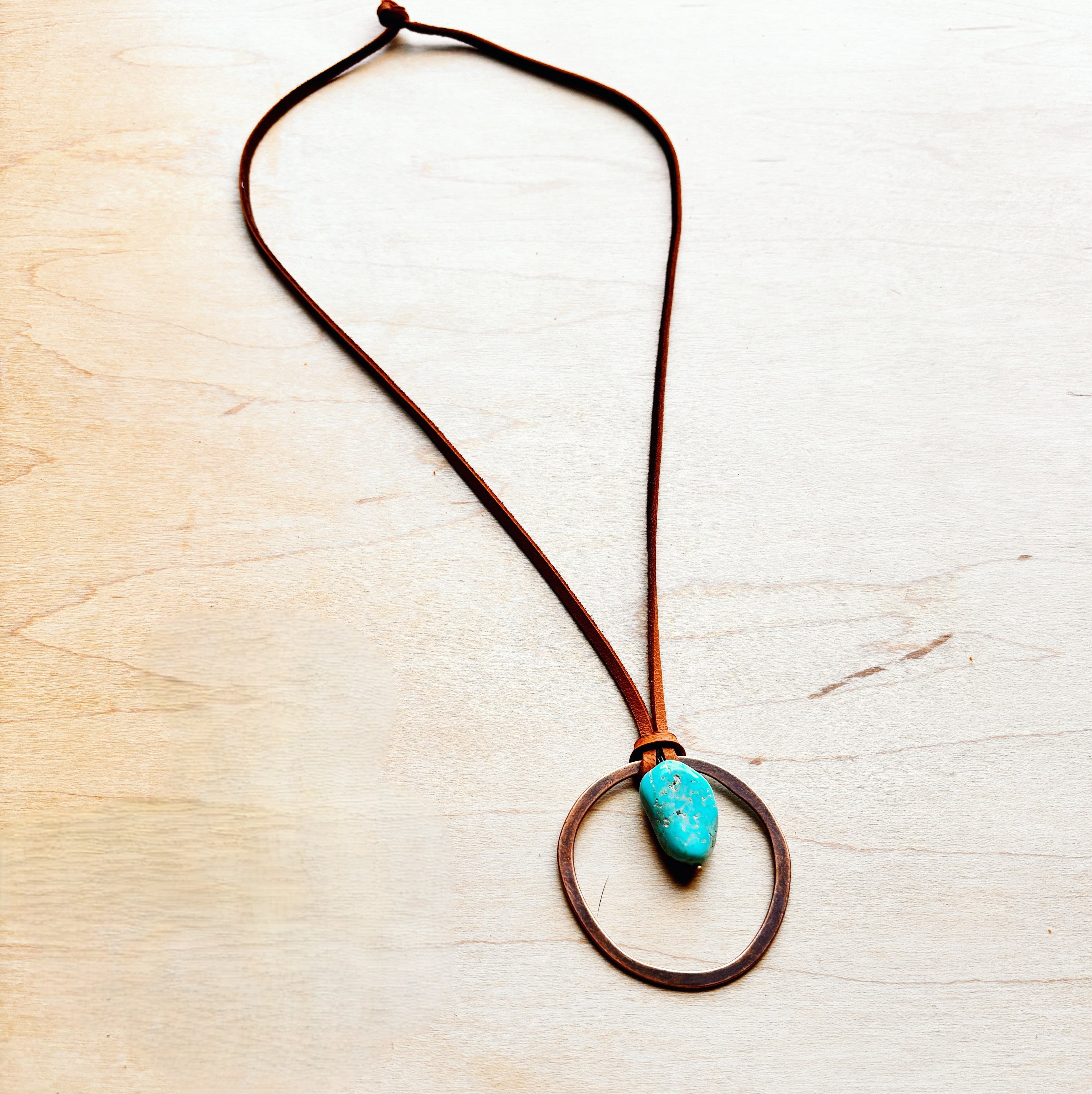 Leather Cord Necklace Antique Gold Hoop & Natural Turquoise  254v