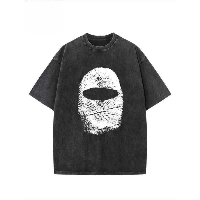 "Balaclava Fingerprint" Creative Pattern Printing Heavy 230g Pure Cotton Oversized Drop Shoulder T-shirt Washed T-shirt Men's Retro Street T-shirt Basic T-shirt Loose Hip-hop Unisex Top Acid Wash T-shirt