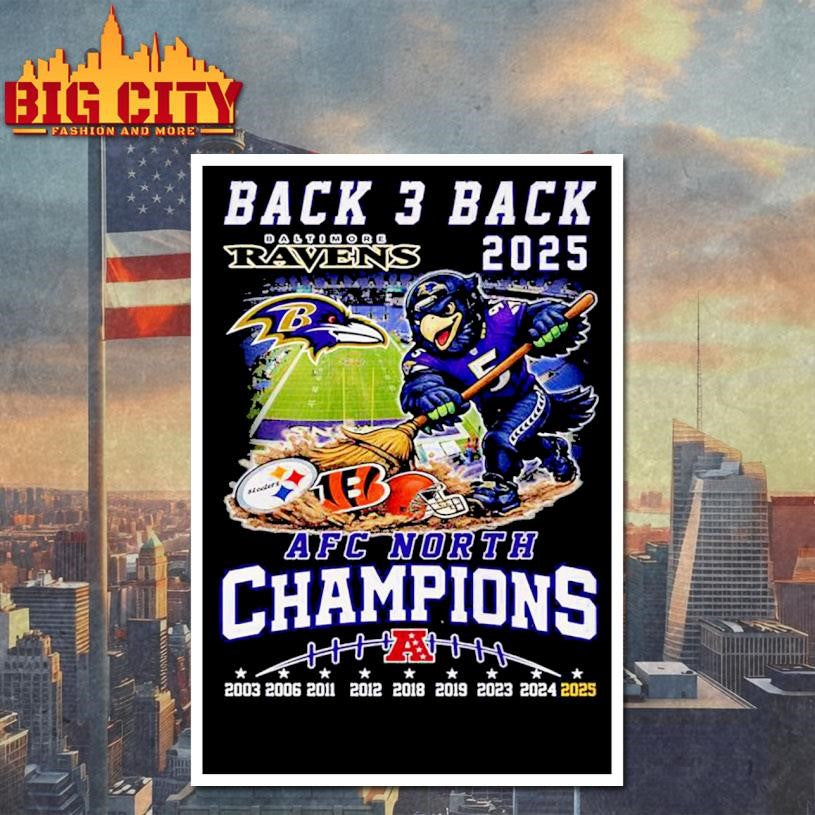 Baltimore Ravens Back 3 Back 2025 AFC North Champions Mascot Vintage Shirt