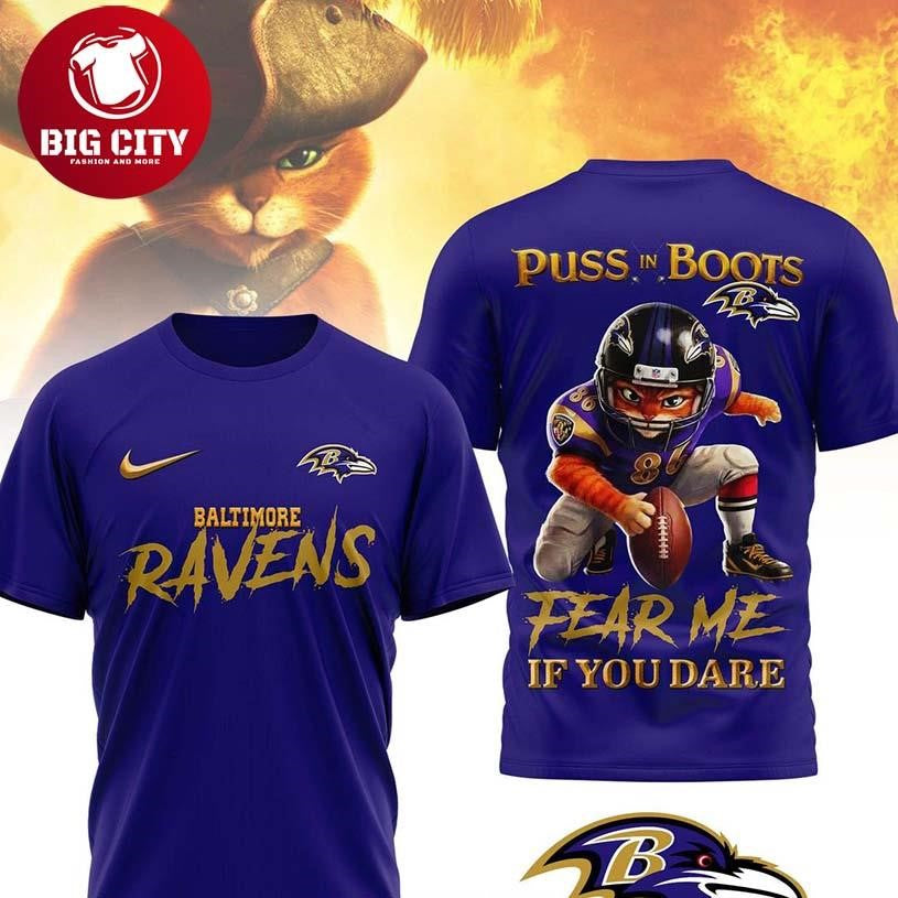Baltimore Ravens Puss In Boots Fear Me If You Dare Christmas Two Sided Shirt