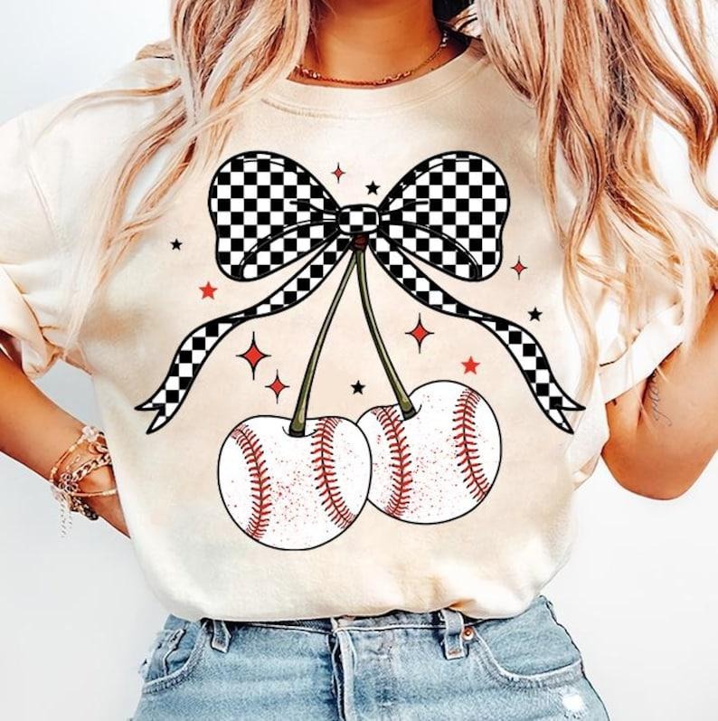 Baseball Cherries Coquette Tshirt,Game Day Baseball Shirt, Checkered Bow, Mother Day T-Shirt, Trendy Summer Mama Tee