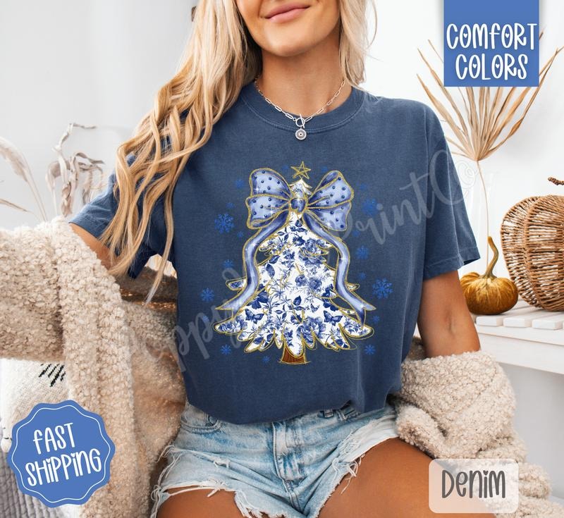 Blue Floral Christmas Tree Shirt Comfort Colors, Trendy Holiday Women's Tshirt