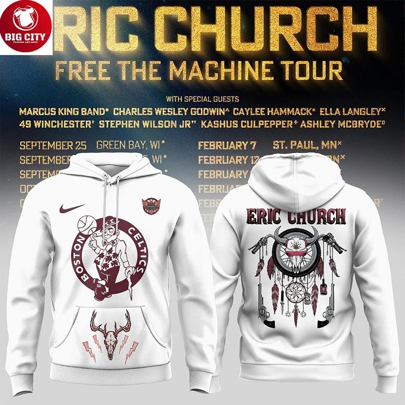 Boston Celtics Nba Eric Church Free The Machine Tour 2025 All White Hoodie