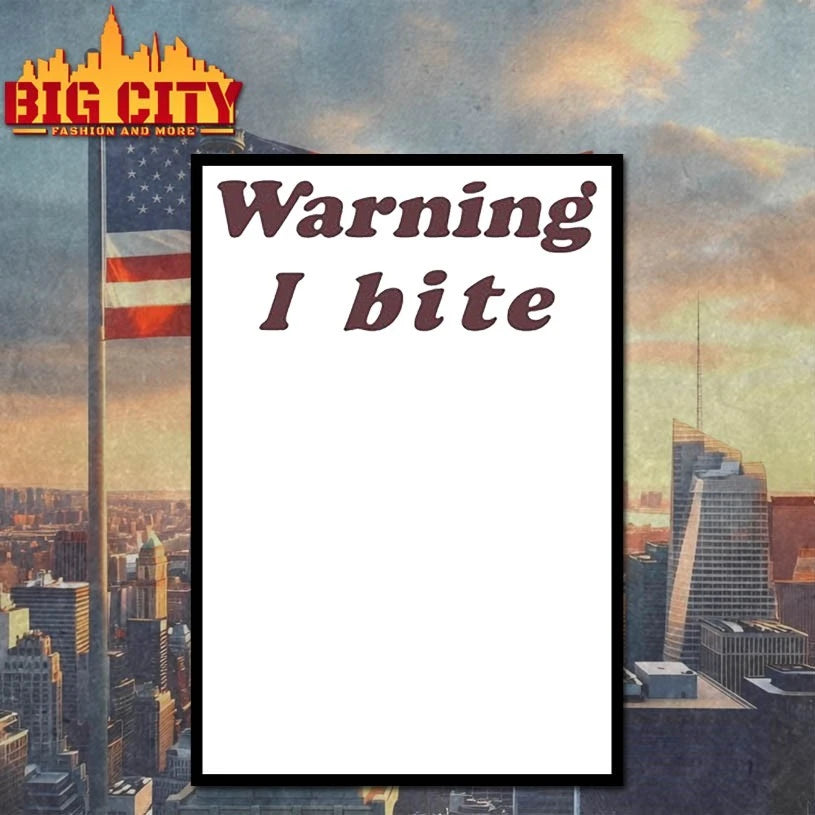 Brooklyn Wearing Warning I Bite Shirt