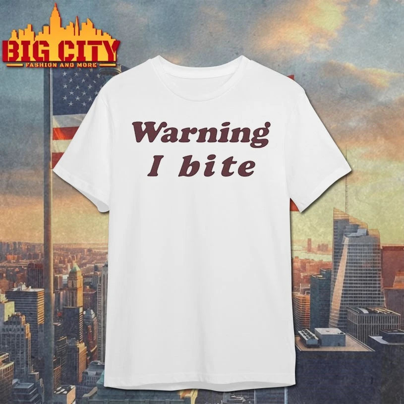 Brooklyn Wearing Warning I Bite Shirt
