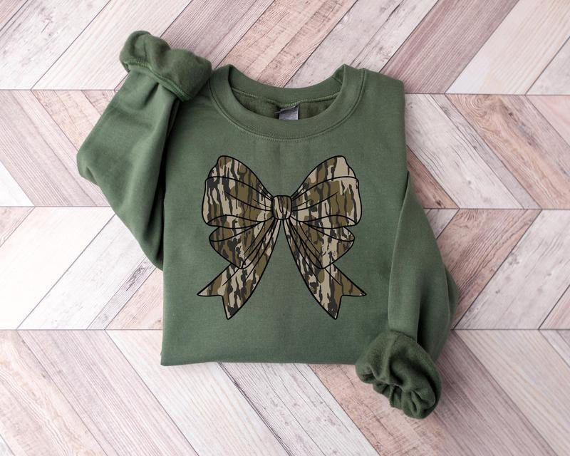 Camo Bow Sweatshirt, Camo Coquette Bow Shirt, Hunting Season Shirt, Hunting Lover Shirt, Old School Camo Tee, Women's Camouflage Bow Shirt, Camo Gift