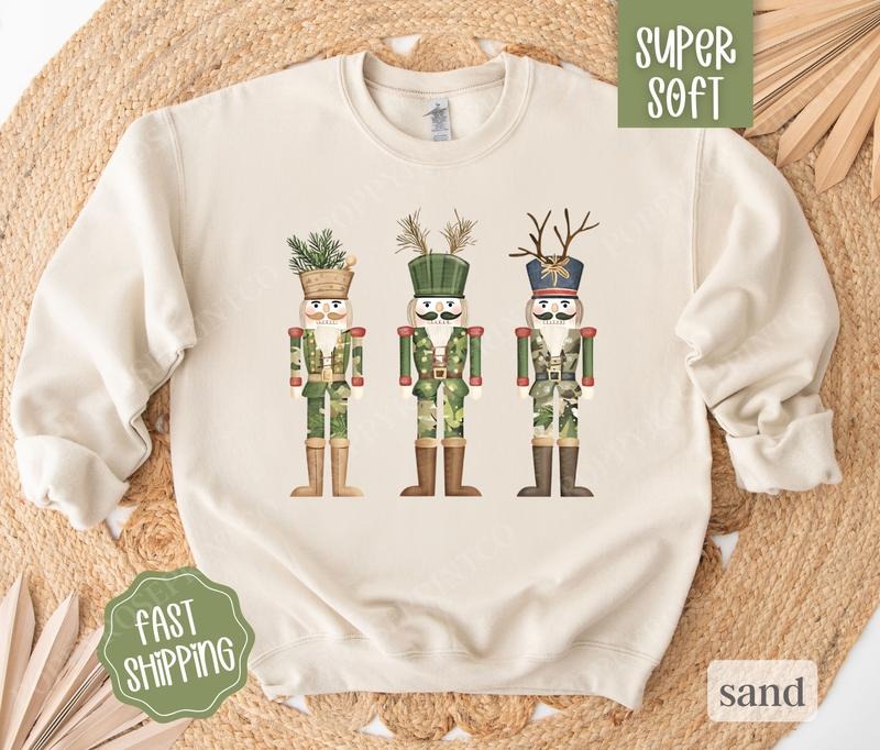 Camo Nutcracker Christmas Trees Sweatshirt, Country Christmas Crewneck,  Womens Holiday Hunting Sweater