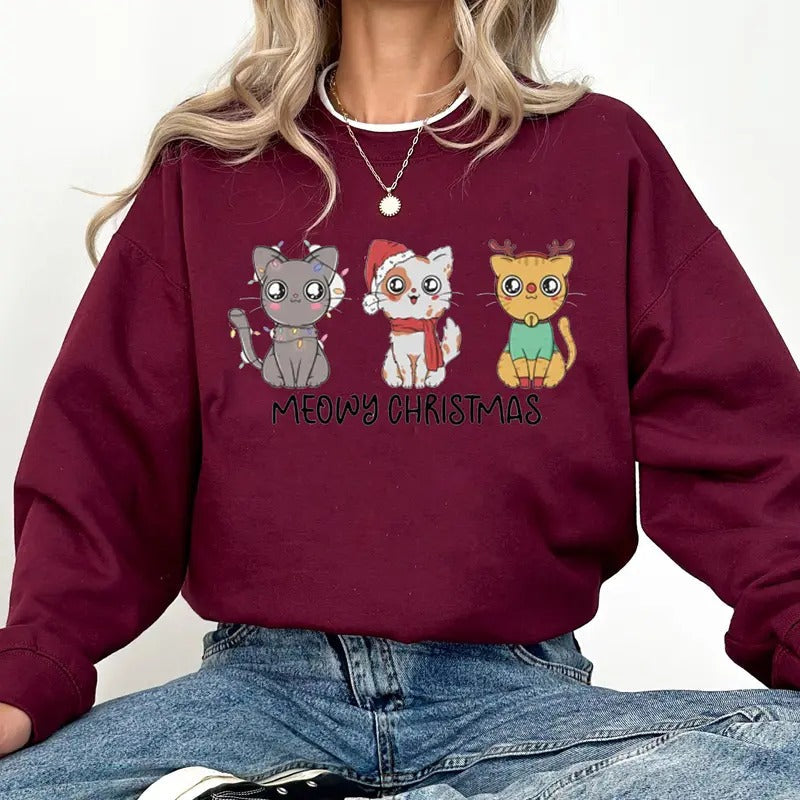 Cat Christmas T-shirt - Meowy Christmas - Catmas Xmas for Cat Lovers - Girls Womens I Love Cat's Holiday Seasonal Shirt - Santa Cats