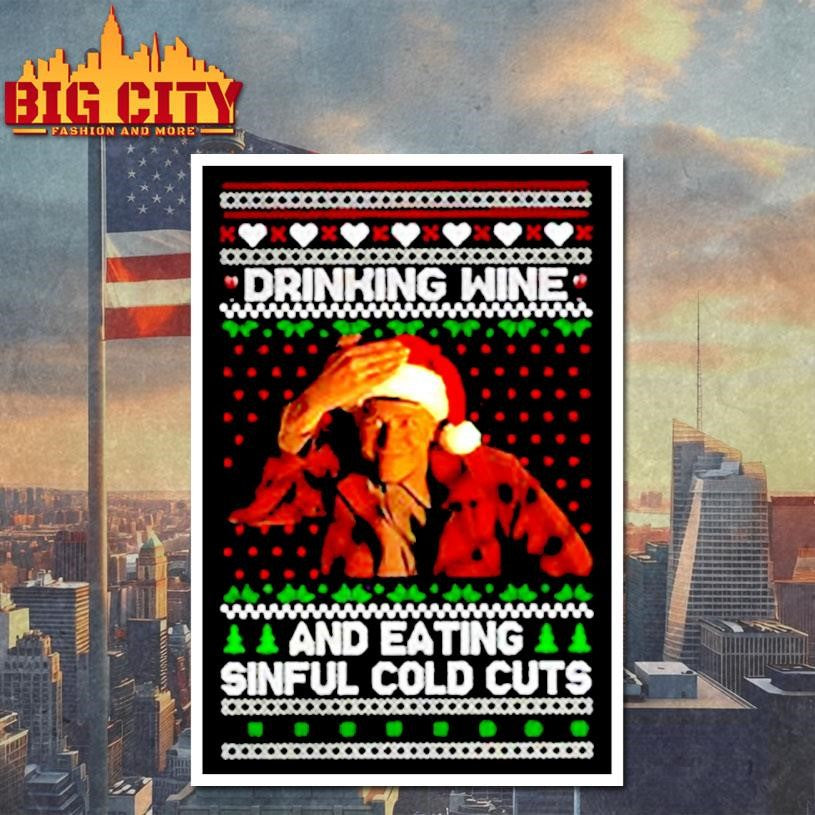 Charlie Hunnam Ed Gein drinking wine sinful cold cuts ugly Christmas shirt