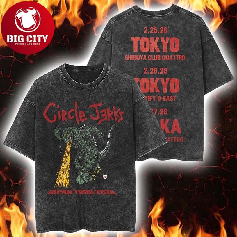 Circle Jerks Japan Tour 2026 Merch Godzilla With Dates Vintage Washed Two Sided Shirt