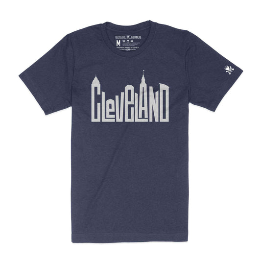 Cleveland Skyline Letters - Mens/Unisex Crew T-Shirt - Heather Navy