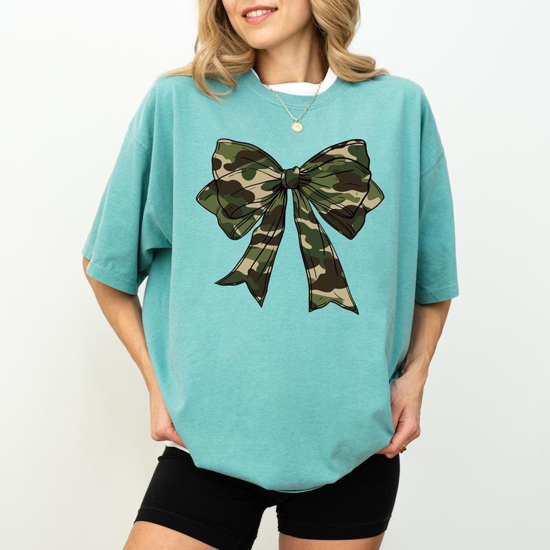 Comfort Colors Camo Coquette Bow Hunting Shirt for Women, Camouflage Bow Tee, Hunter's Wife T-shirt, Duck Hunt Tops, Cotton Fabric Classic Womenswear