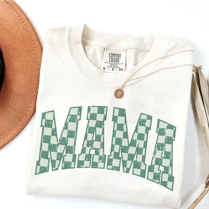 Comfort Colors Checkered Mama Shirt Gift for Mom, Trendy Mom Tee, Mother's Day Gift, Vintage Checkered Mama Tshirt, Varsity Mom