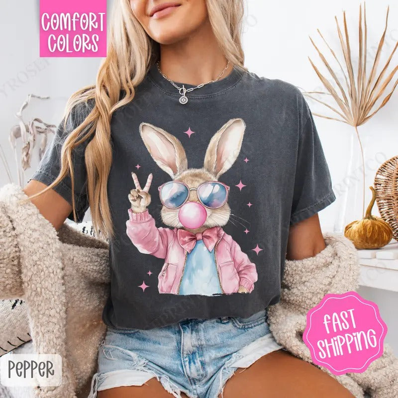 Cool Bunny Shirt Comfort Colors, Easter Tshirt, Trendy Bunny Women's Tee, Gift for Her