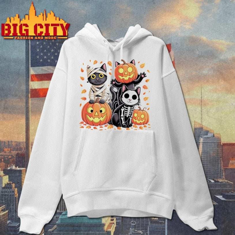 Cute Black Cats In Halloween Costumes With Pumpkins Shirt