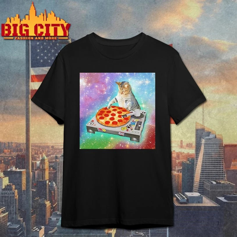 DJ Cat Pizza Galaxy background meme shirt