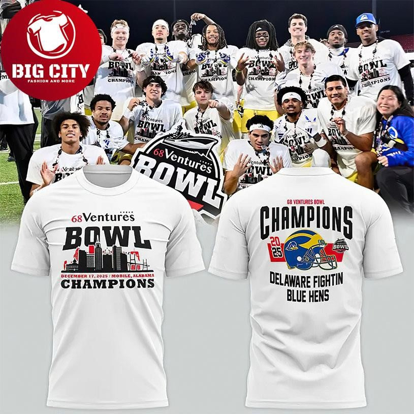 Delaware Fightin Blue Hens 2025 68 Ventures Bowl Champions Locker Room Two Sided Shirt