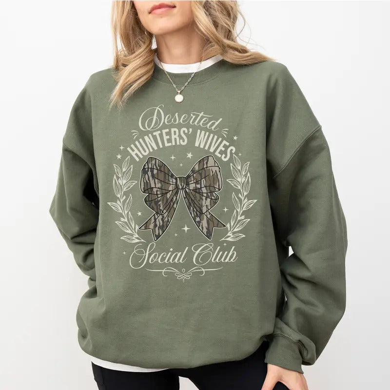 Deserted Hunters Wives Social Club Sweatshirt, Camo Hunting Coquette Bow Crewneck for Wife, Camouflage Bow Sweater, Hunting Wife Gift, Long Sleeve Pullover