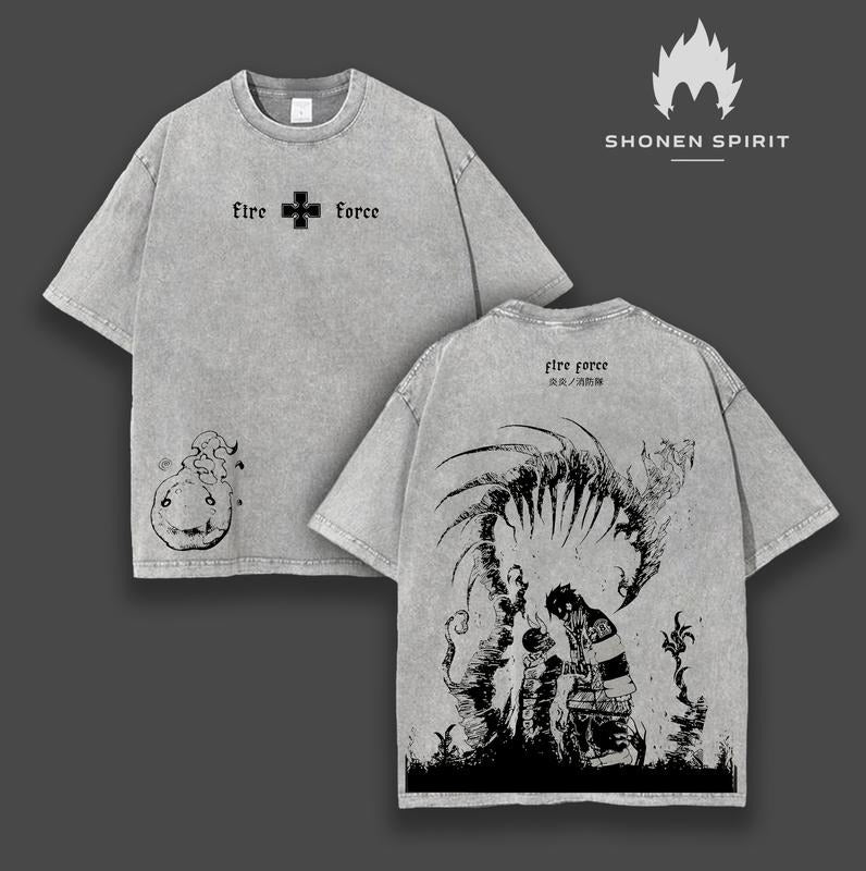 "Devil's Footprints" Shinra Kusakabe - Fire Force Anime Double Printed Vintage Washed Tee Unisex Oversize Anime Manga Washed Heavyweight Cotton T-shirt, Gift For Anime Fan, Anime Lover