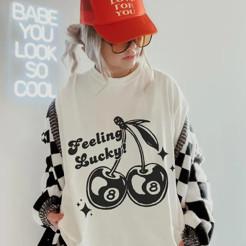 Feeling Lucky Cherry 8 Ball Shirt Cool Womens Shirt Aesthetic Western Retro Shirt Boho Festival Shirt Cool Girl Shirt