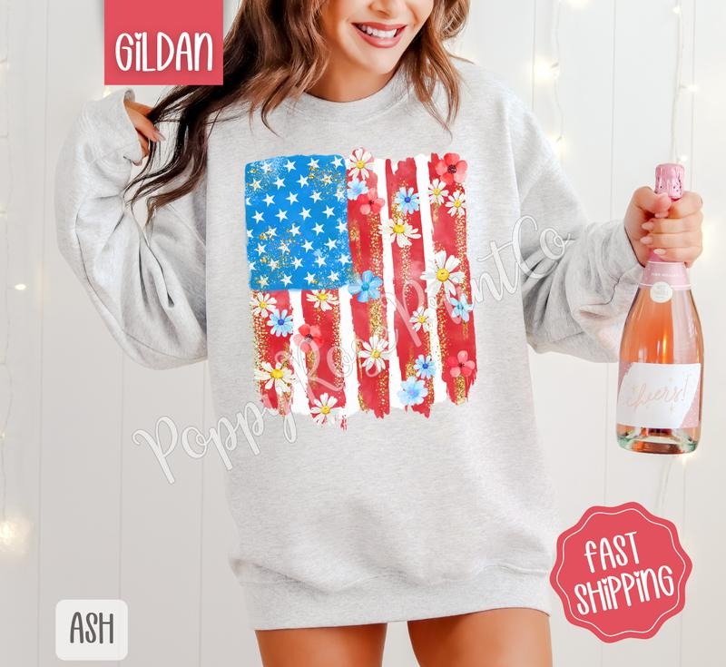Floral Flag Sweatshirt, Cute Patriotic Sweater, Women's Crewneck, Gift for Her