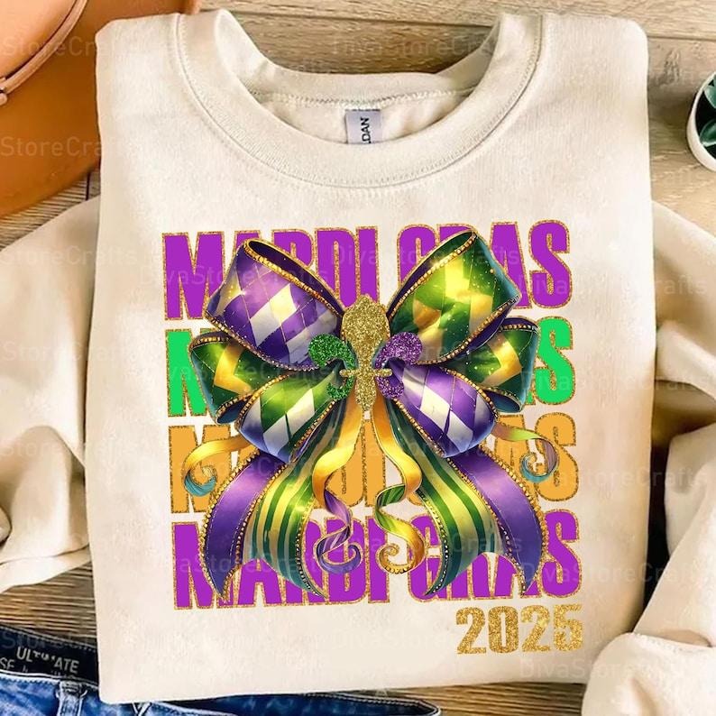 Glitter Mardi Gras Coquette Bow sweatshirt-hoodie-tshirt, Mardi Gras tshirt, Mardi Beads Louisiana Festival Shirt, New Orleans Carnival Bow, Mardi Gras 2025 hoodie