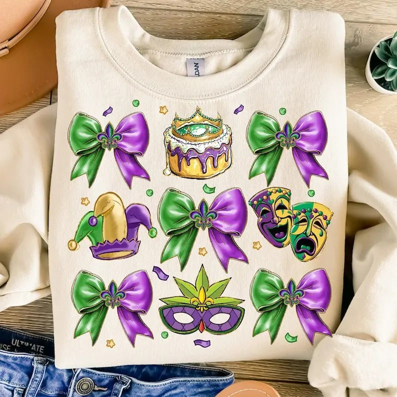Glitter Mardi Gras Coquette Bow sweatshirt-hoodie-tshirt, Mardi Gras tshirt, Mardi Beads Louisiana Festival Shirt, New Orleans Carnival Bow, Mardi Gras Sublimation