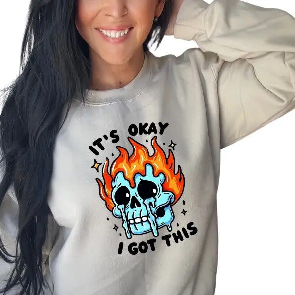 "Goth Grunge Skeleton with Flames Casual Pullover  | 'It's OK, I Got This' Edgy Graphic Sweatshirt | Bold Alt Fashion |...